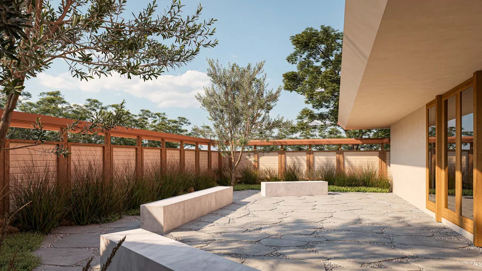 Rendering of a flagstone courtyard with concrete benches, ornamental grasses and olive trees, enclosed by a redwood trellis fence beside a building with tall glass doors.
